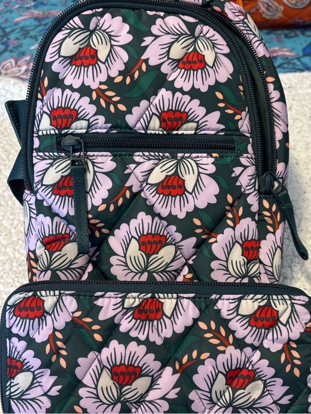Vera Bradley Floral Quilted sling Backpack with matching wallet  - Pink & Green